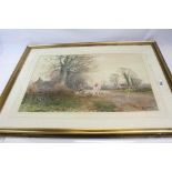 Watercolour of Huntsman and Fox Hounds indistinctly signed lower right, 38cms x 52cms, framed and