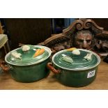 A pair of Belgian Tellurite green ground tureens with embossed vegetable decoration to lids.