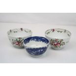 Collection of three 18th century tea bowls to include a blue and white Worcester example.