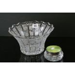 A good quality cut glass trumpet shaped vase together with cut glass powder pot with silver and