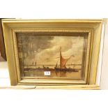 Oil on canvas fishermen unloading their fishing smack in gilt frame