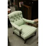 Victorian Open Armchair later upholstered in Green Checked Fabric