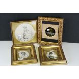 A pair of gilt framed mid 20th century hand coloured engravings of young girls, a framed print on