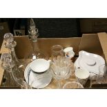 A quantity of glassware and ceramic to include cut glass decanters, Denby etc.