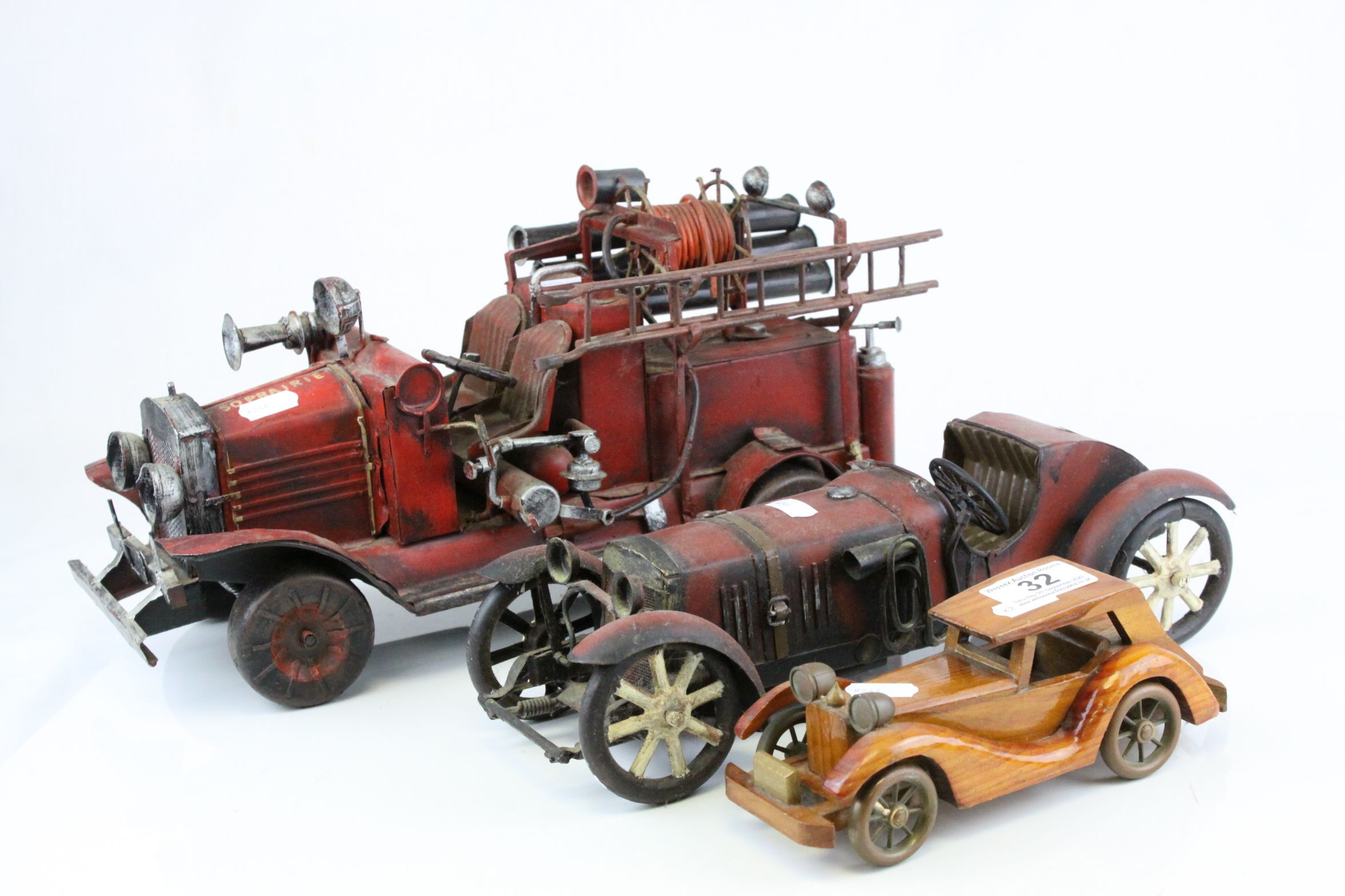 Tin Plate Model of a Vintage Fire Engine, L.40cms together with a Tin Plate Model of a Car and a