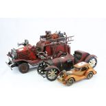 Tin Plate Model of a Vintage Fire Engine, L.40cms together with a Tin Plate Model of a Car and a