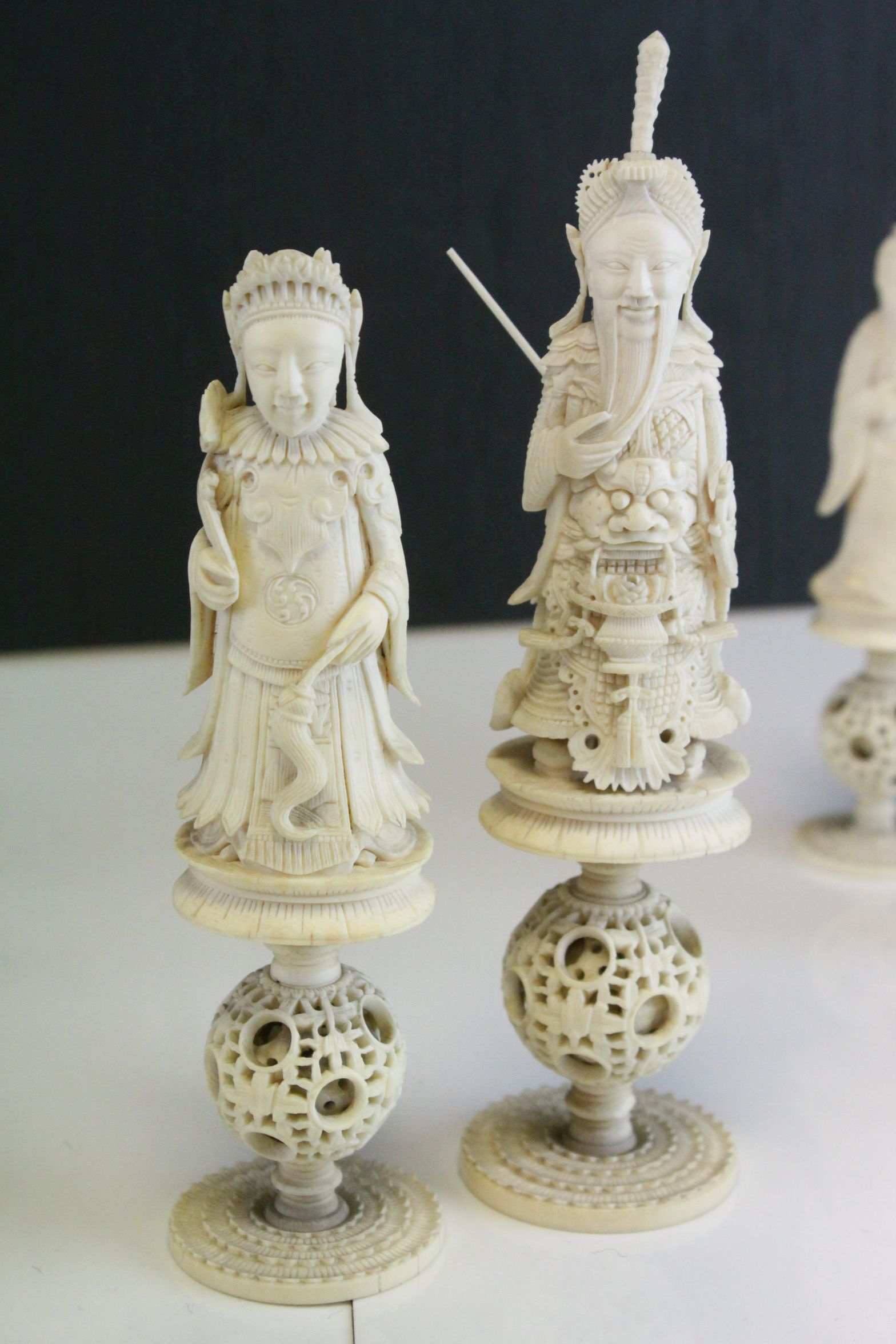 A 19th Century Chinese export carved ivory figural chess set, Canton. The white and red side - Image 14 of 26