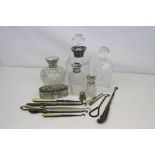 A box of vanity collectables to include hallmarked silver collared scent bottles, button hooks and a
