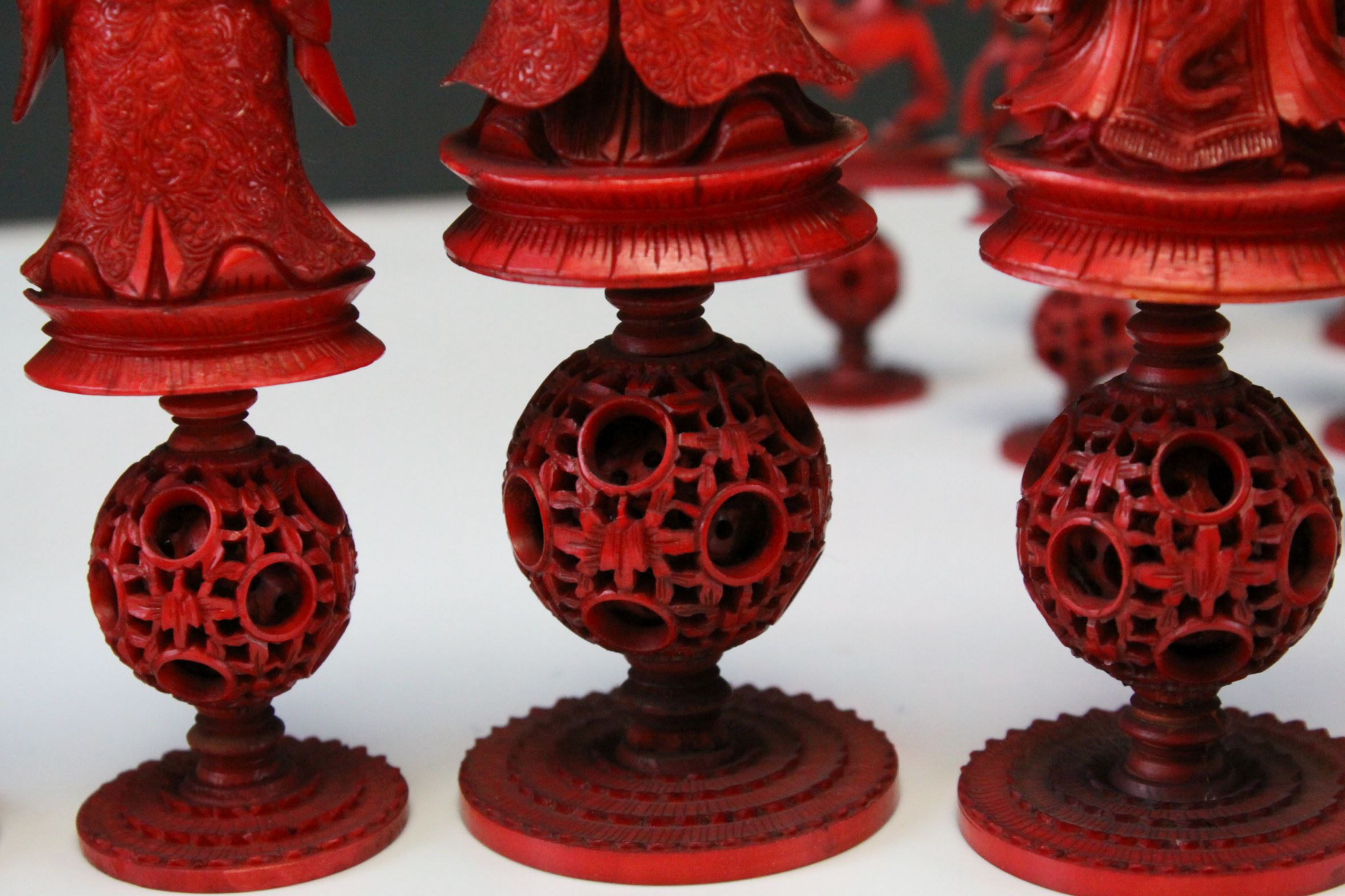 A 19th Century Chinese export carved ivory figural chess set, Canton. The white and red side - Image 7 of 26