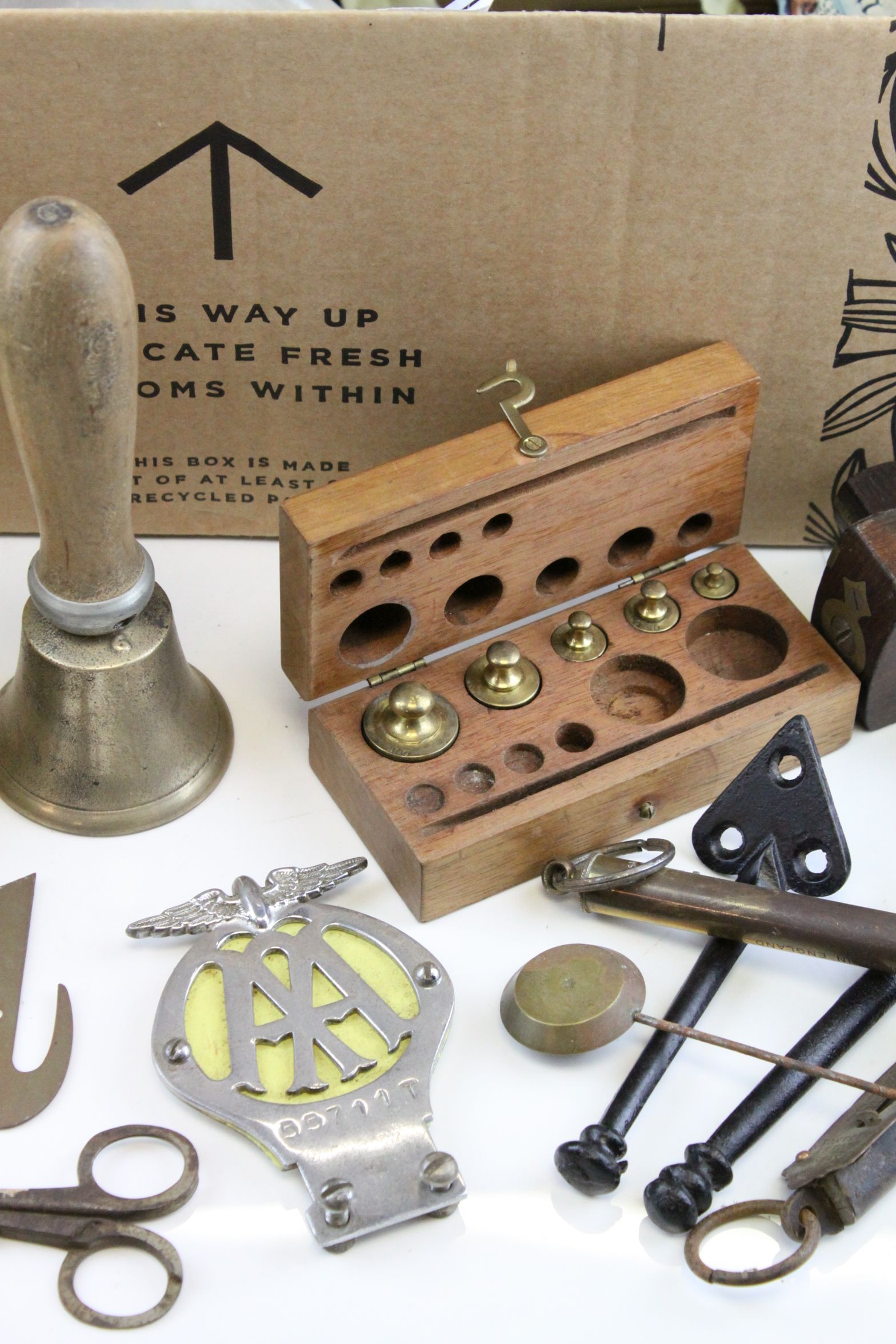 Mixed Lot including Hand Bell, Riley Caps, Vintage AA Badge, Spring Scales, Ford Car Badge, Lamp - Image 3 of 6