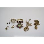 A selection of vintage 9ct gold jewellery to include rings, necklace and pendants.