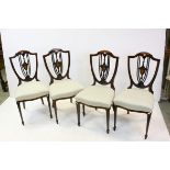 Set of Four Sheraton Revival Mahogany Inlaid Dining Chairs with Shield Shaped Backs