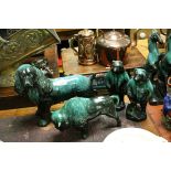 Blue Mountain Pottery - Large Spaniel Dog, Bison and a Pair of Standing Bears, tallest 29cms