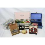 A box of mixed costume jewellery to include gold and silver items together with a quantity of