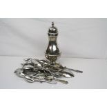 A fully hallmarked sterling silver sugar shaker together with a good quantity of silver and silver