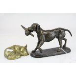 Cast Metal Model of a Gun Dog with a Pheasant in mouth, h.14cms together with a Brass Model of a