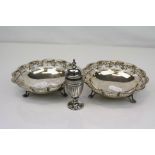 A pair of fully hallmarked sterling silver bonbon dishes together with a hallmarked silver pepper