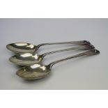 Three hallmarked silver spoons with enamel detailing to the ends with engraved bowls marked Westbury