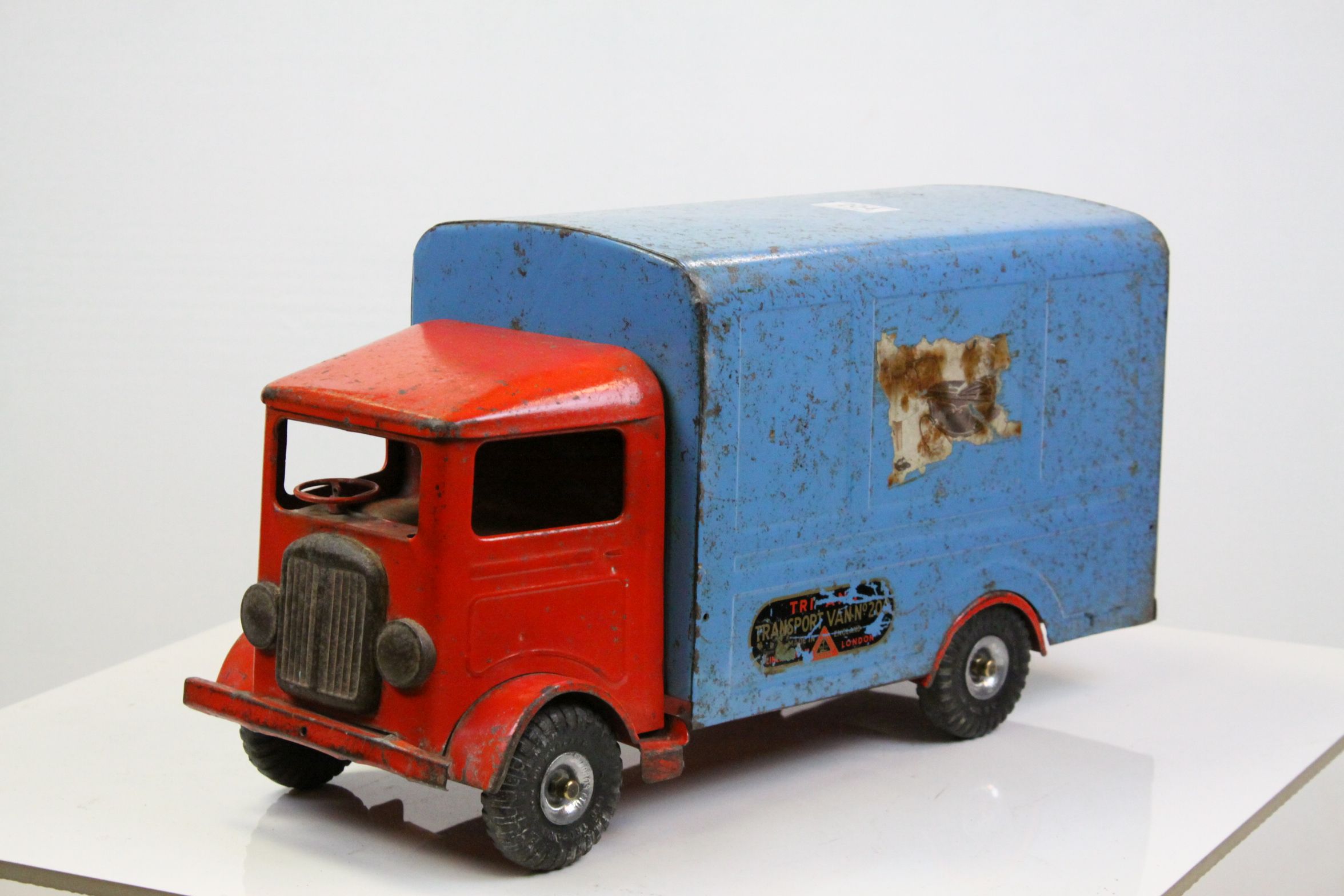 Tri-ang Pressed Steel 200 Series Transport Van No 200, painted red and blue, with partial