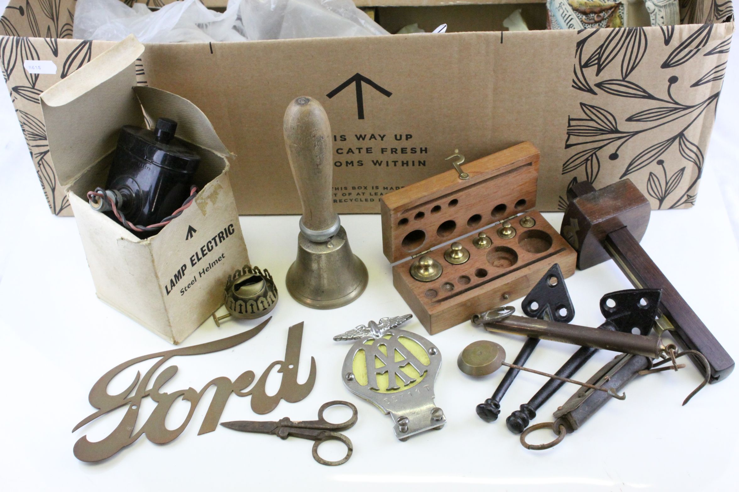 Mixed Lot including Hand Bell, Riley Caps, Vintage AA Badge, Spring Scales, Ford Car Badge, Lamp