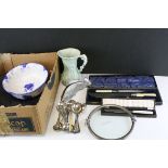 A quantity of ceramics and metalware to include Poole Pottery bowl, Art Deco jug, carving set,