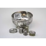 Collection of hallmarked silver items to include sugar bowl, 2 x thimbles, a pill box and a