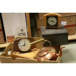 A vintage biscuit tin, two mantle clocks, copper kettle etc.