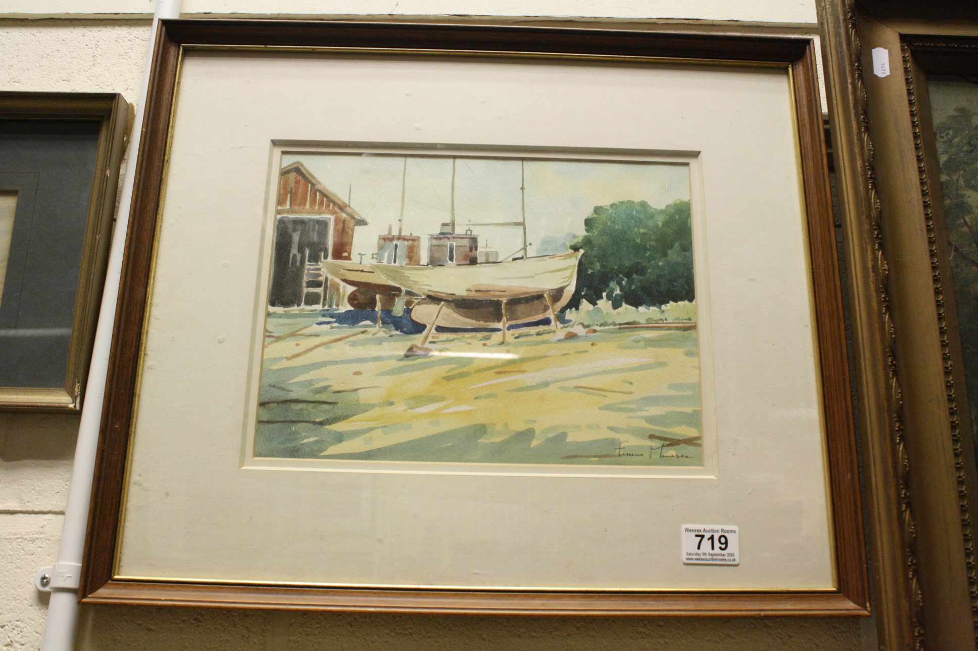 A signed framed watercolour, view of an old boat yard, 22.5 x 30cm