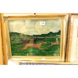 Oil of lurchers hare coursing, monogram and dated R.T. 51