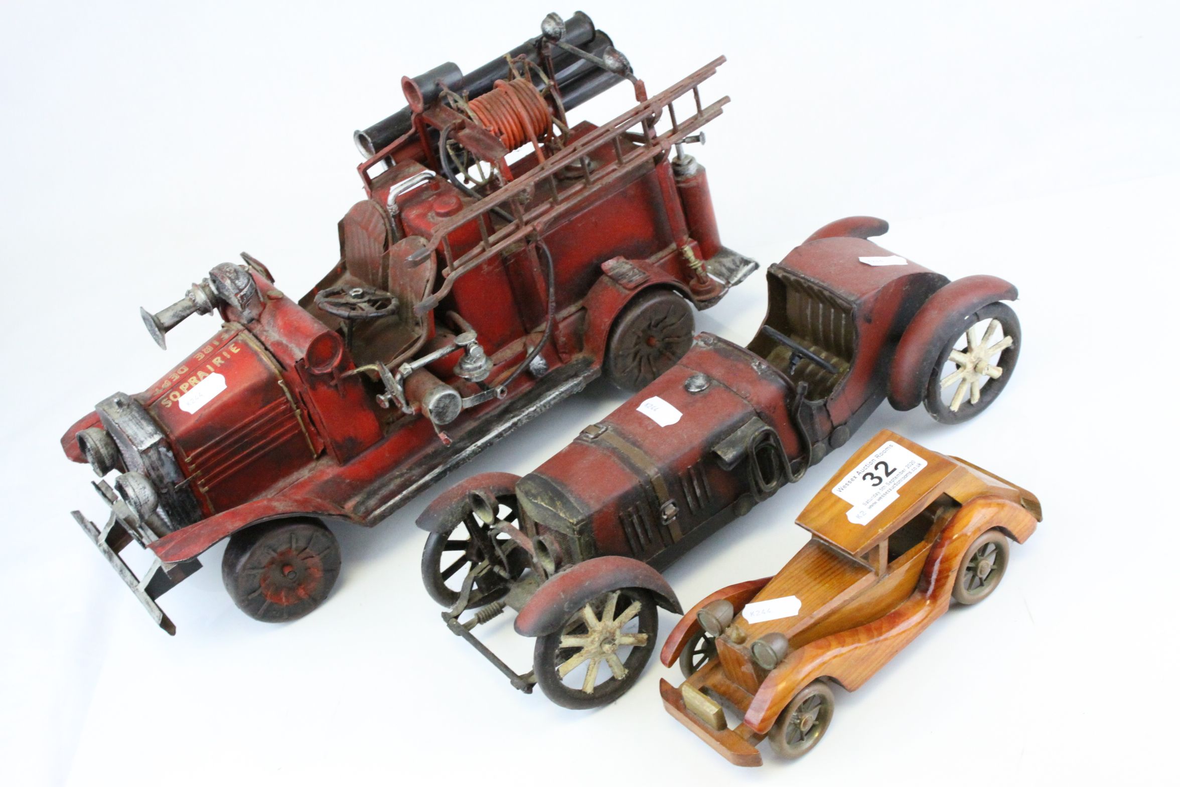 Tin Plate Model of a Vintage Fire Engine, L.40cms together with a Tin Plate Model of a Car and a - Image 2 of 7