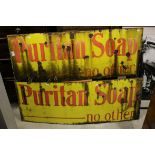 Two Vintage Enamel Advertising Signs ' Puritan Soap - no other ', 123cms x 46cms