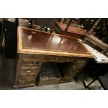 Victorian Style Oak Twin Pedestal Desk with Brown Leather Inset Top, Two Brush Slides with Brown