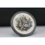 Victorian Circular Teapot Stand Tile decorated with Seashells contained within a Pewter mount, d.