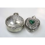 A hallmarked silver heart shaped scent bottle with malachite heart shaped centre stone together with