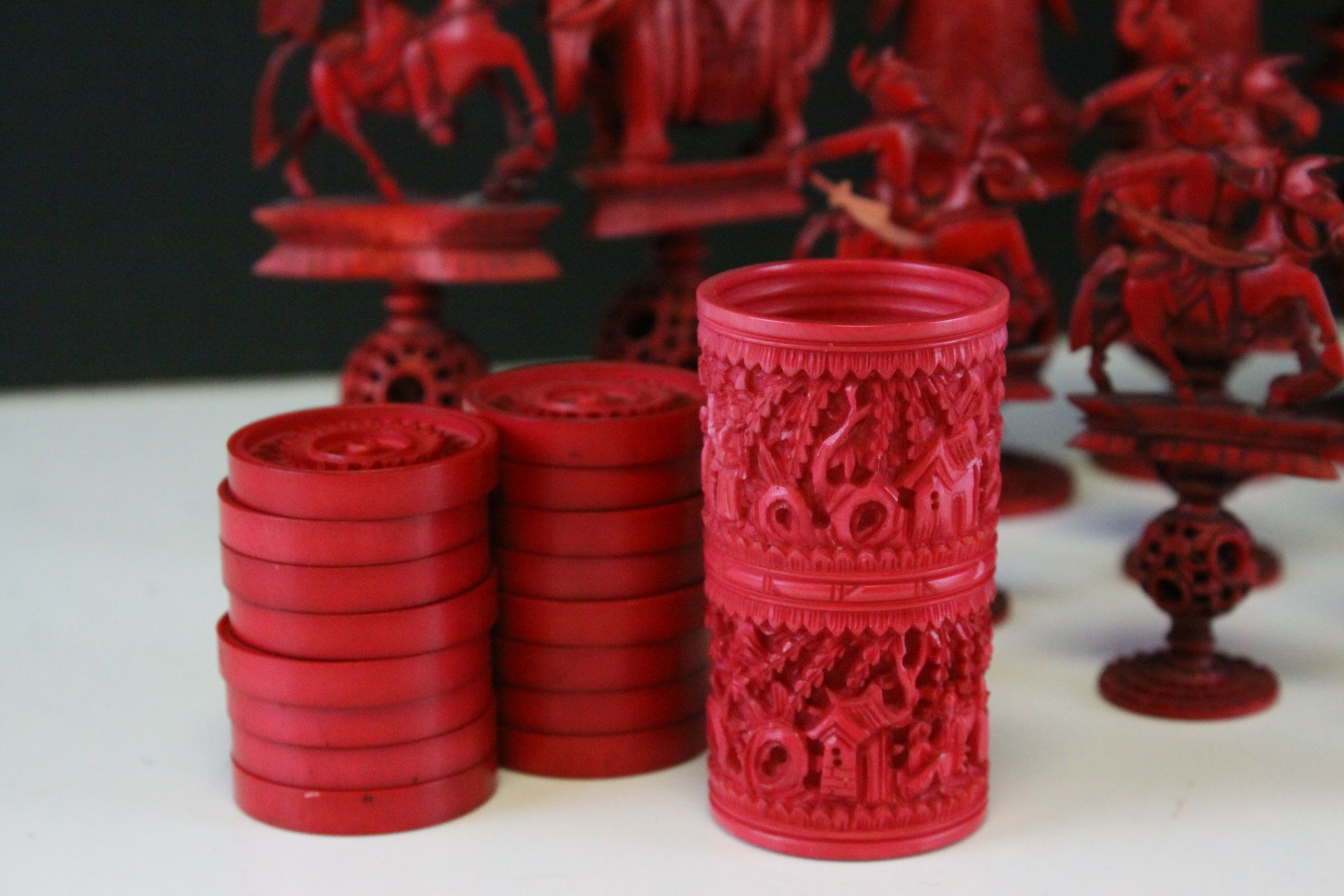 A 19th Century Chinese export carved ivory figural chess set, Canton. The white and red side - Image 3 of 26