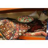 Large Bedspread, Two Indian Embroidered Bed Spreads, Three Embroidered Cushions, etc