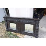 Victorian Carved Oak Jacobean Style Overmantle with Two Mirrored Panels, 147cms x 68cms