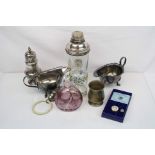 Silver Plated Sugar Shaker, Baby's Rattle, Cocktail Shaker, Boxed Bliston Enamels Pill Box, Glass