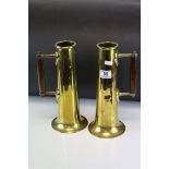 Pair of World War I Trench Art Brass Shells formed into Tankards with Arts & Crafts Oak Handles,
