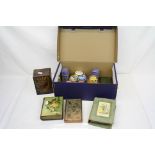 A box of mixed collectables to include enamel boxes, a cdv album with contents and vintage cards.