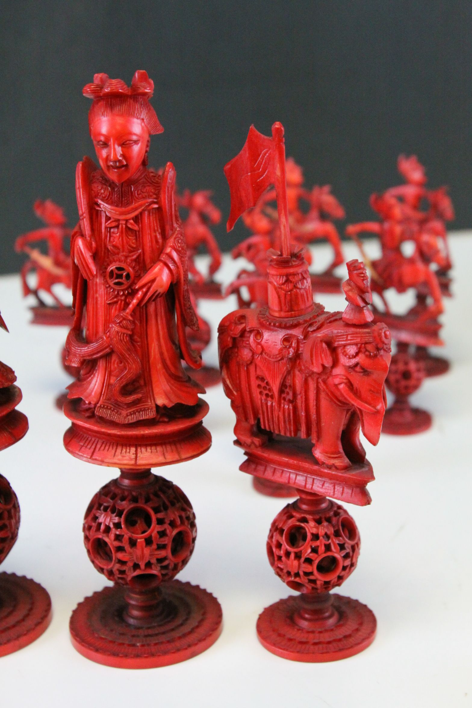 A 19th Century Chinese export carved ivory figural chess set, Canton. The white and red side - Image 4 of 26