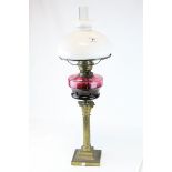 Victorian Brass Corinthian Column Oil Lamp with Purple Glass Well and Opaque Glass Shade, h.76cms