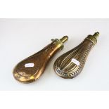 Two 19th century Copper and Brass Shot / Powder Flasks, both with Relief Decoration, L.22cms