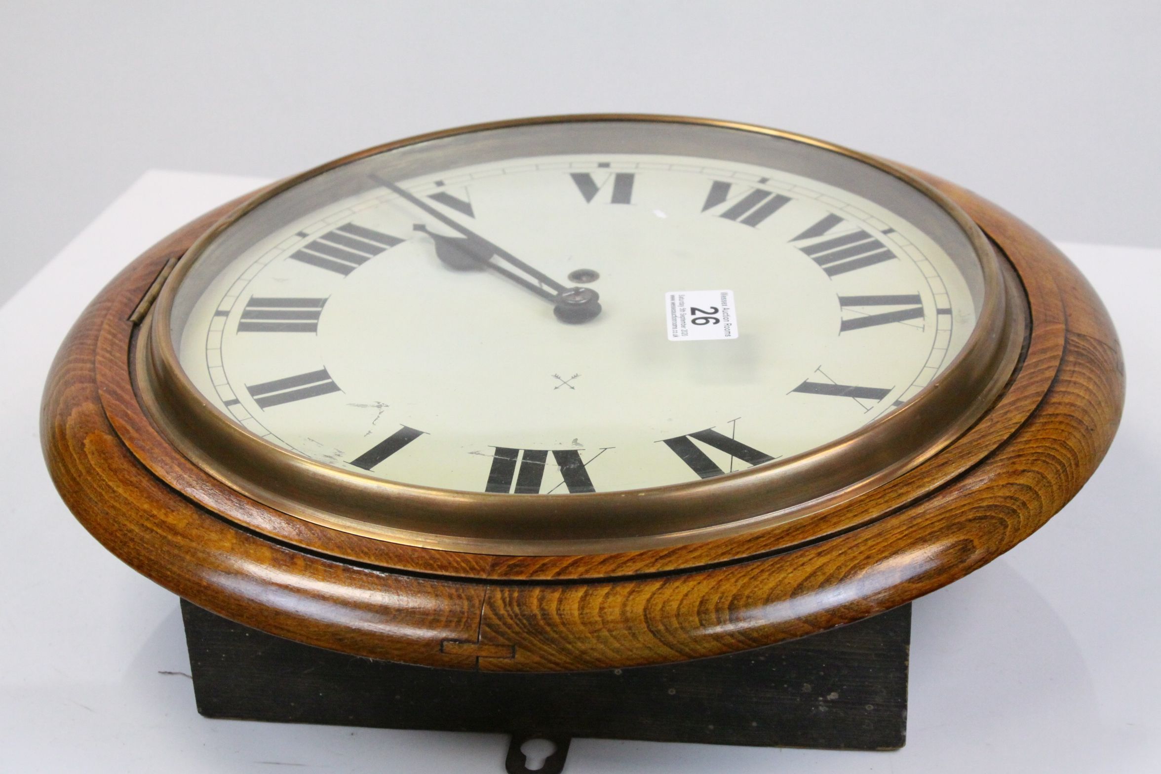 Late 19th / Early 20th century Oak Cased Circular ' School ' Type Wall clock with Roman Numerals - Image 2 of 4