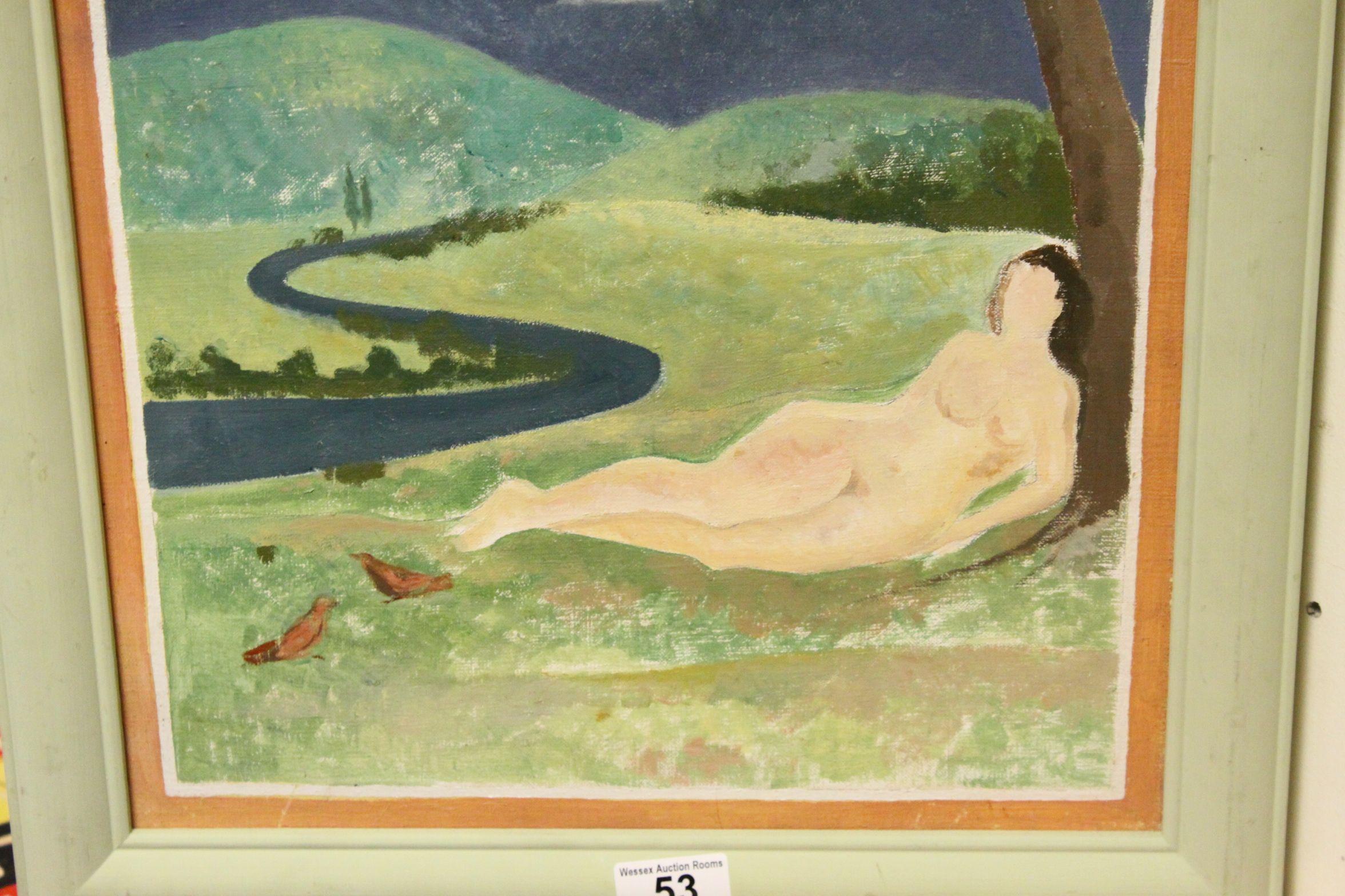 Eurgain contemporary oil on canvas nude resting under a tree with birds .46 x 36 inscribed verso. - Image 3 of 3