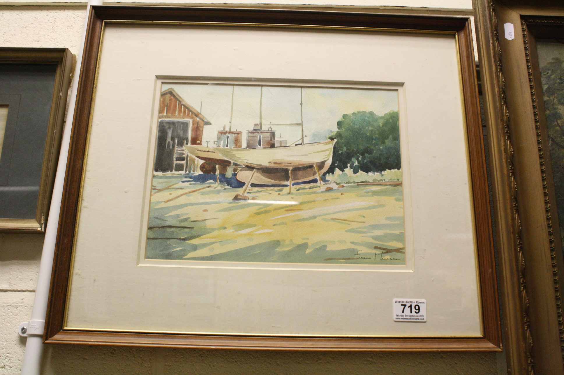 A signed framed watercolour, view of an old boat yard, 22.5 x 30cm - Image 2 of 3