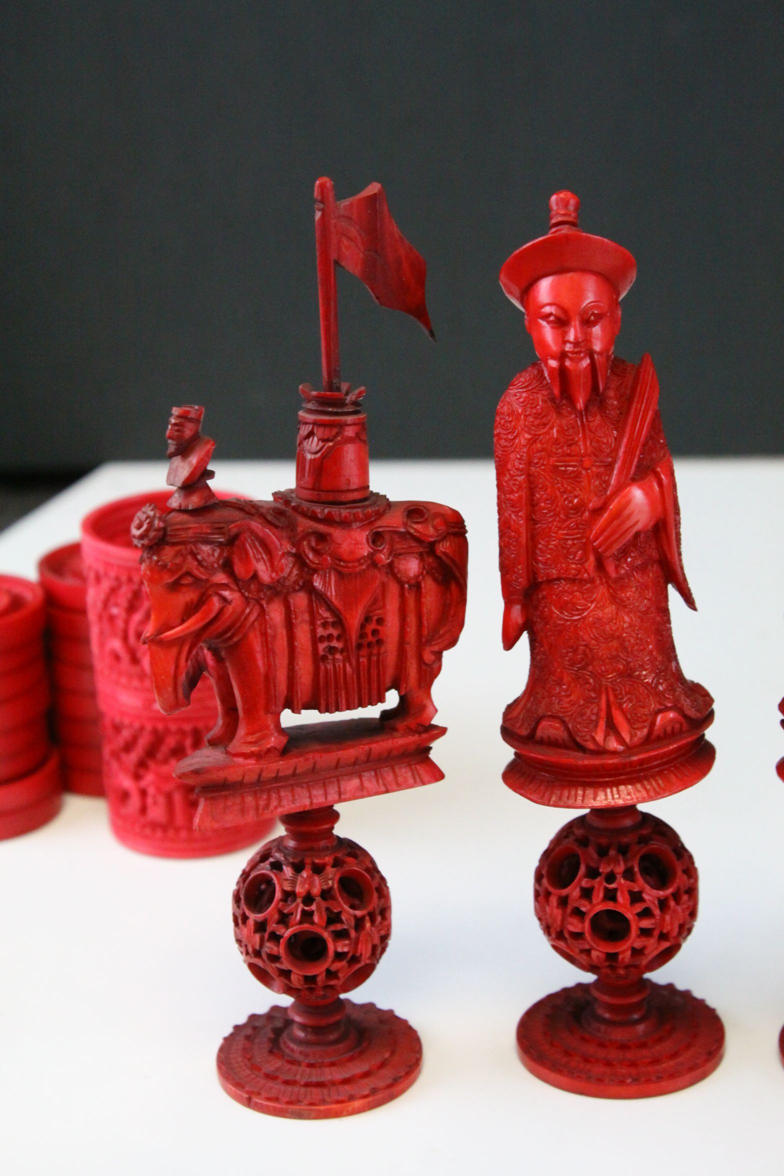 A 19th Century Chinese export carved ivory figural chess set, Canton. The white and red side - Image 6 of 26