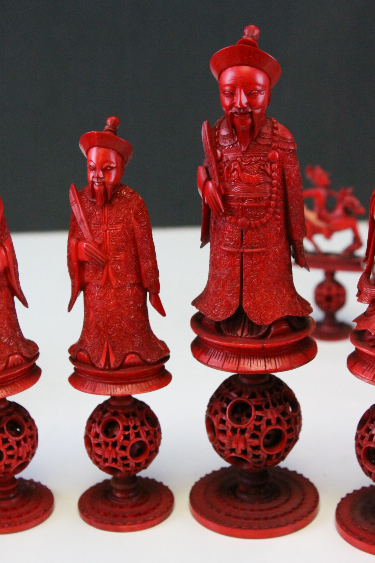 A 19th Century Chinese export carved ivory figural chess set, Canton. The white and red side - Image 5 of 26