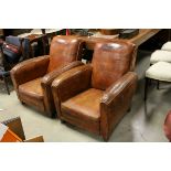 Pair of Early to Mid 20th century Brown Tan Leather Club Armchairs, h.82cms w.76cms d.89cms