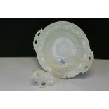 Belleek Model of a Pig together with a Belleek Twin Handled Plate